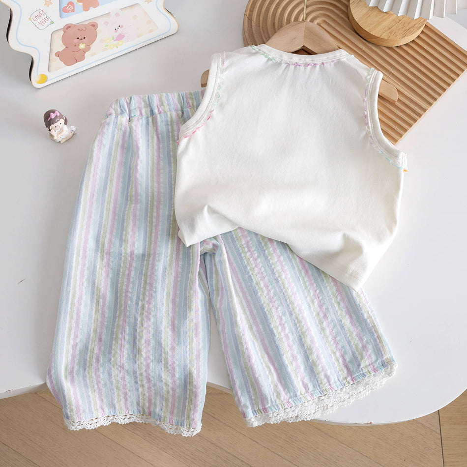 Girls Cartoon Embroidered Vest Striped Wide Leg Set