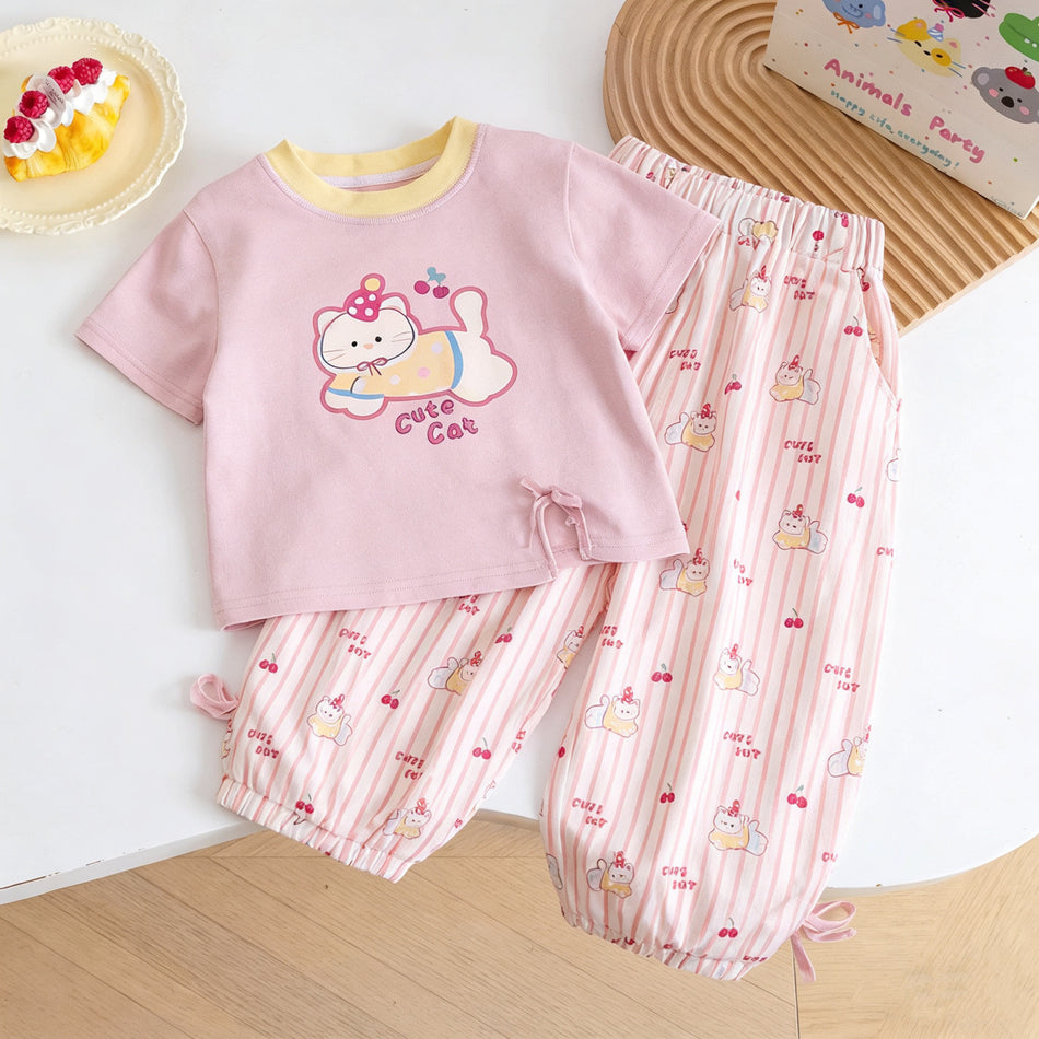 Cat Print T-Shirt Plaid Cherry Pants Summer Set Kids