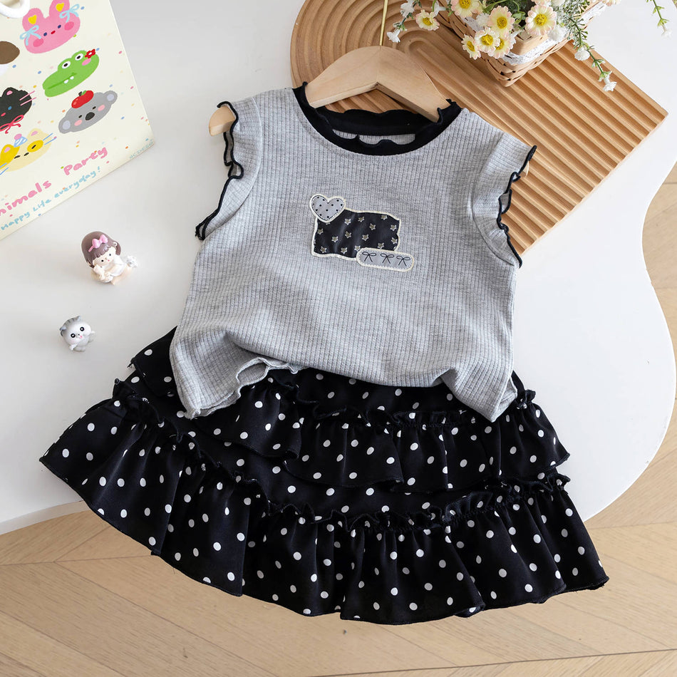 Title: Girls Summer Vest Set Polka Dot Pants Skirt Two-Piece