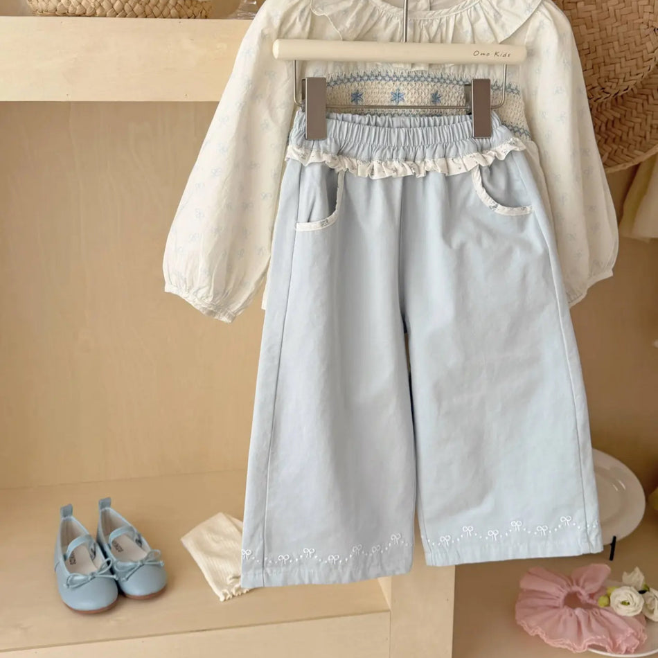 Girls Floral Ruched Embroidered Shirt Two-Piece Set