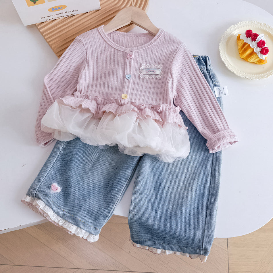 Girls Lace Knitted Cardigan Lace Jeans Two-Piece Set