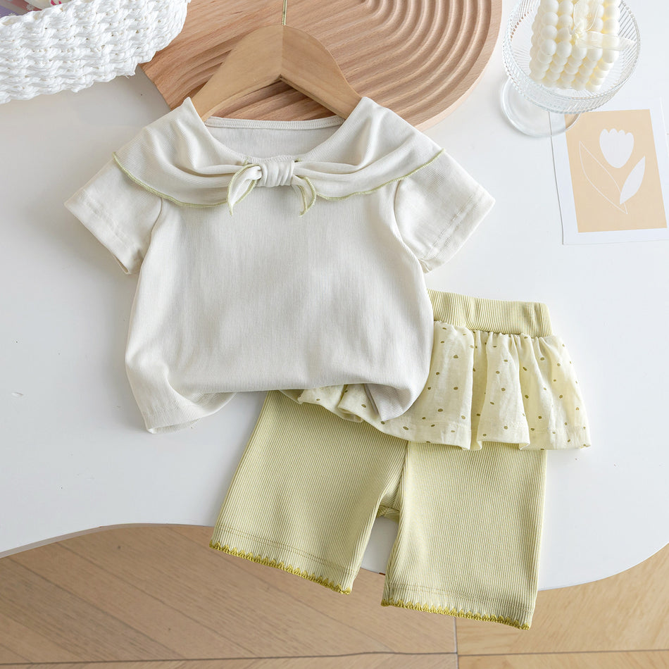 Girls Bow-Knot Polka Dot Cotton Summer Two-Piece Set