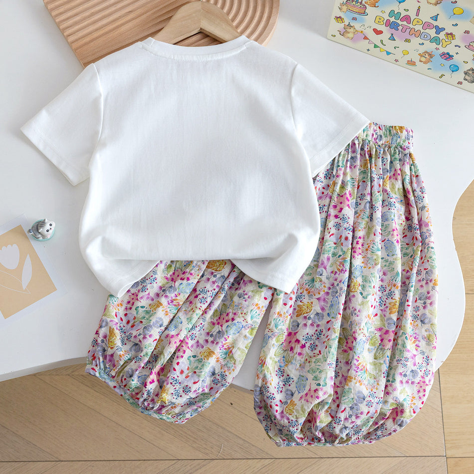 Girls Floral Lantern Cropped Pants Summer Anti-Mosquito