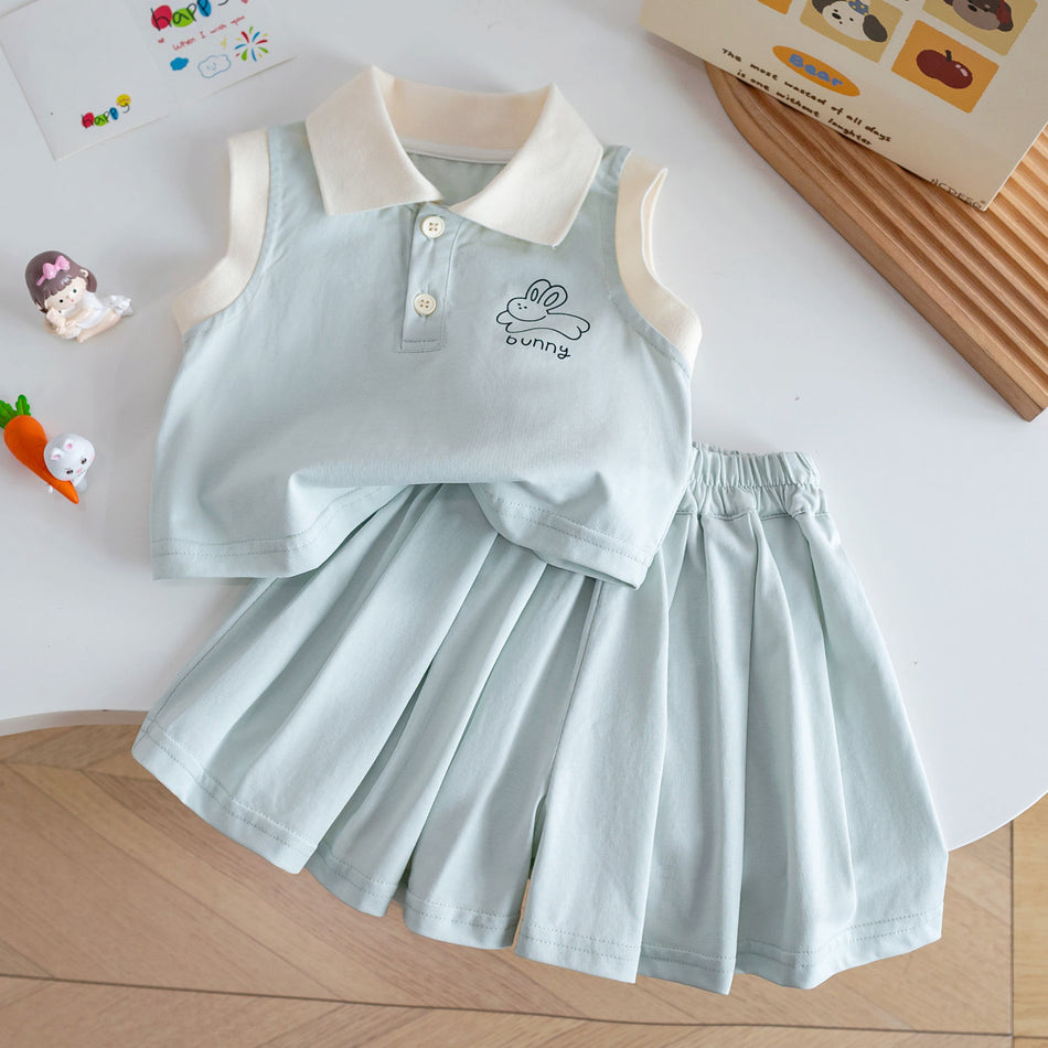 Girls Polo Collar Sleeveless Vest Pleated Shorts Set