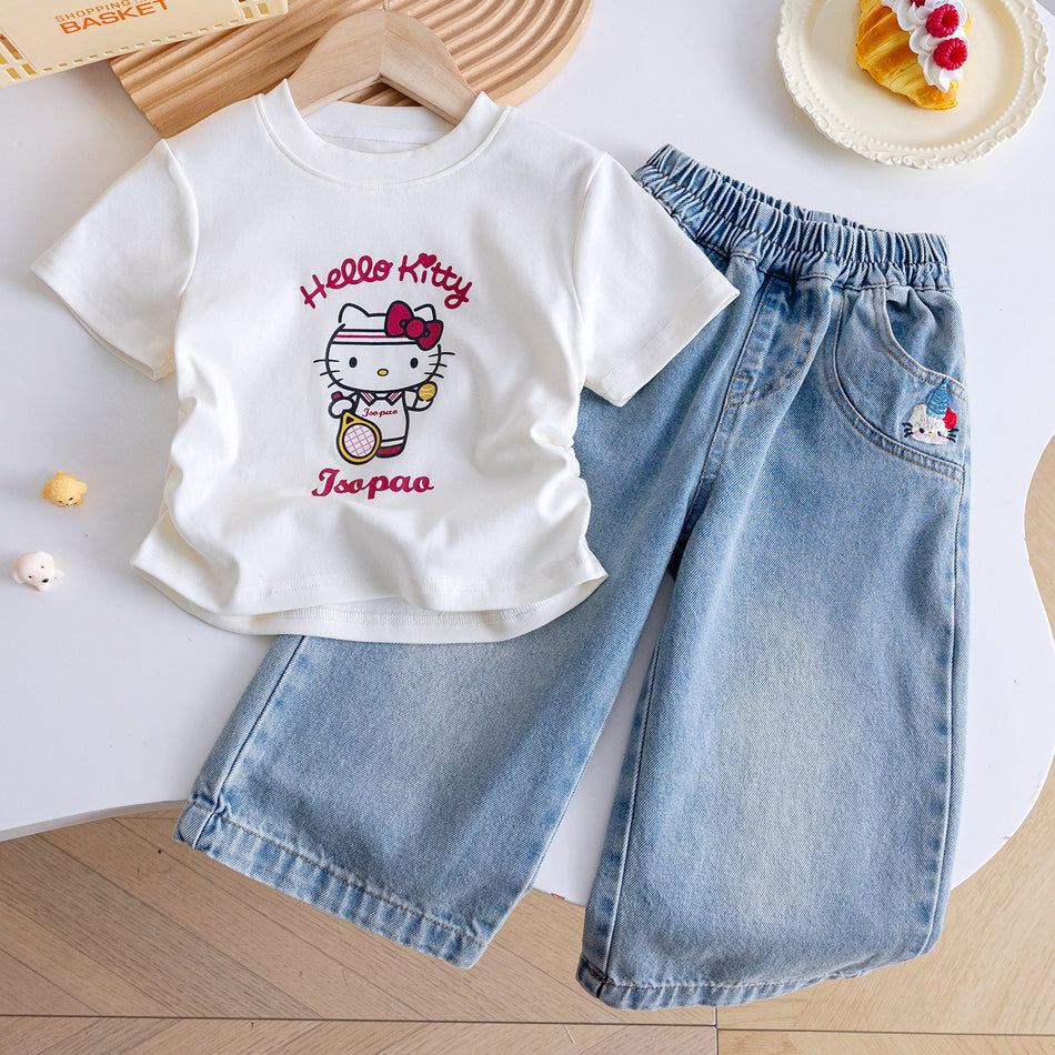 Girls Cartoon Print T-Shirt Jeans Summer Two-Piece Set