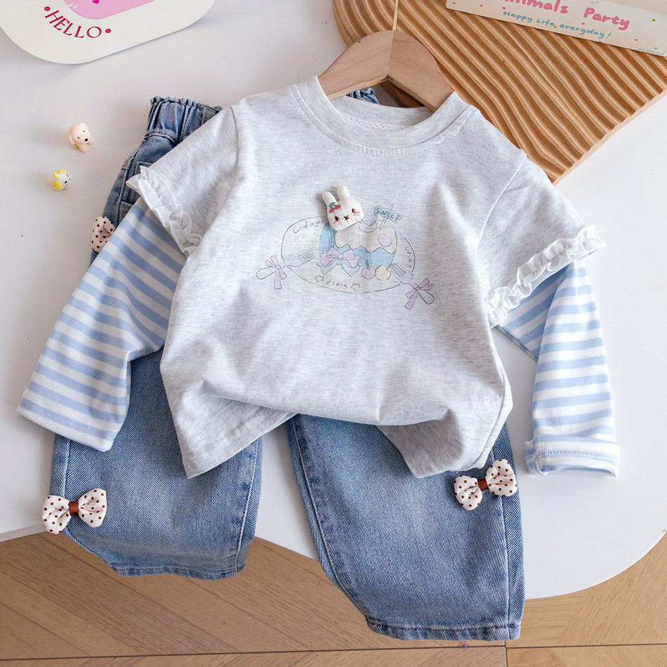 Girls Cartoon Rabbit Lace Long Sleeve Patchwork Top