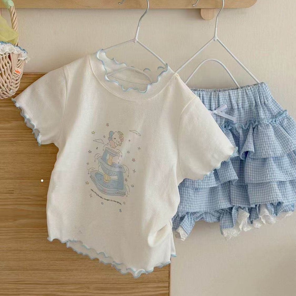 Girls Cotton T-Shirt Plaid Bloomers Summer Two-Piece Set