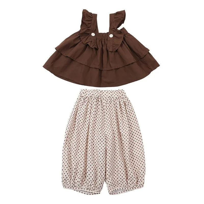 Baby Girl Brown Suspender Summer Two-Piece Outfit Set