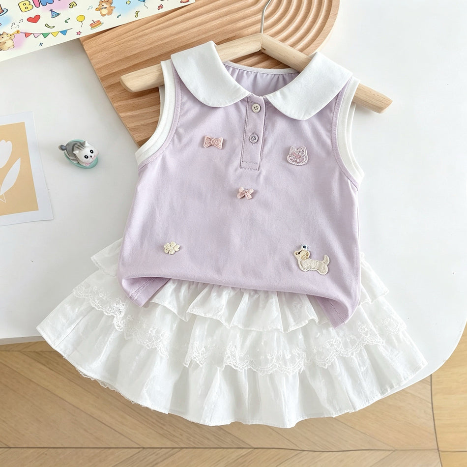 Girls Sleeveless T-Shirt White Lace Princess Skirt Set