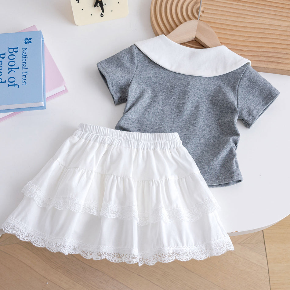 Title: Girls Lace Skirt T-Shirt Set College Princess Summer Outfit