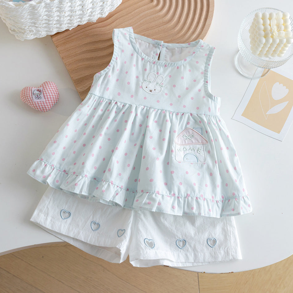 Girls Polka Dot Lace Sleeveless Cartoon Summer Set