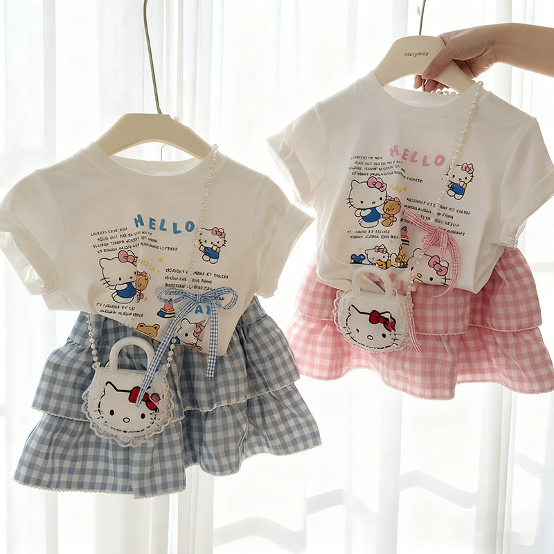 Girls Cotton T-Shirt Skirt Set Summer Two-Piece Outfit