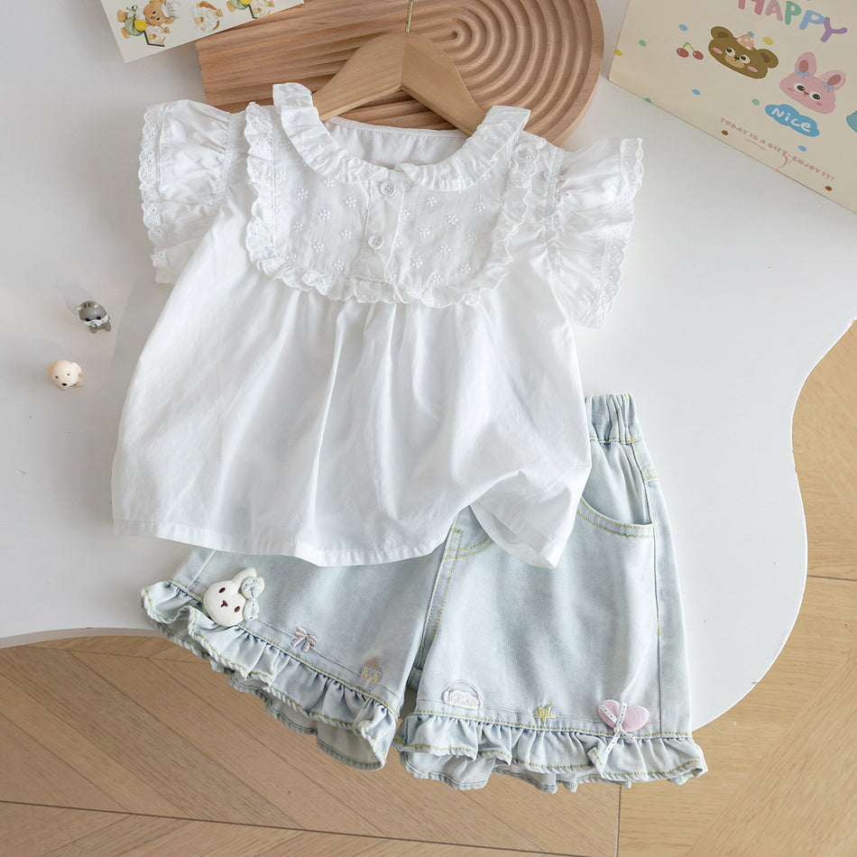 Girls Lace Doll Shirt Denim Shorts Summer Two-Piece Set