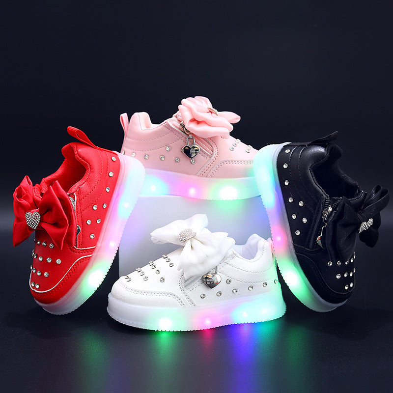 Kids Bow Diamond Light-Up Sneakers Princess Running Shoes