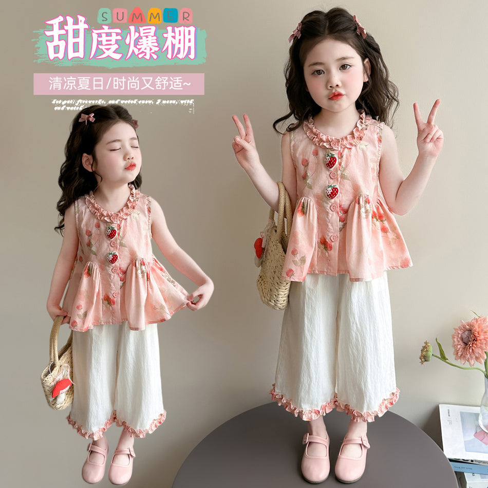 Girls Sleeveless Doll Top and Wide-Leg Pants Summer Set