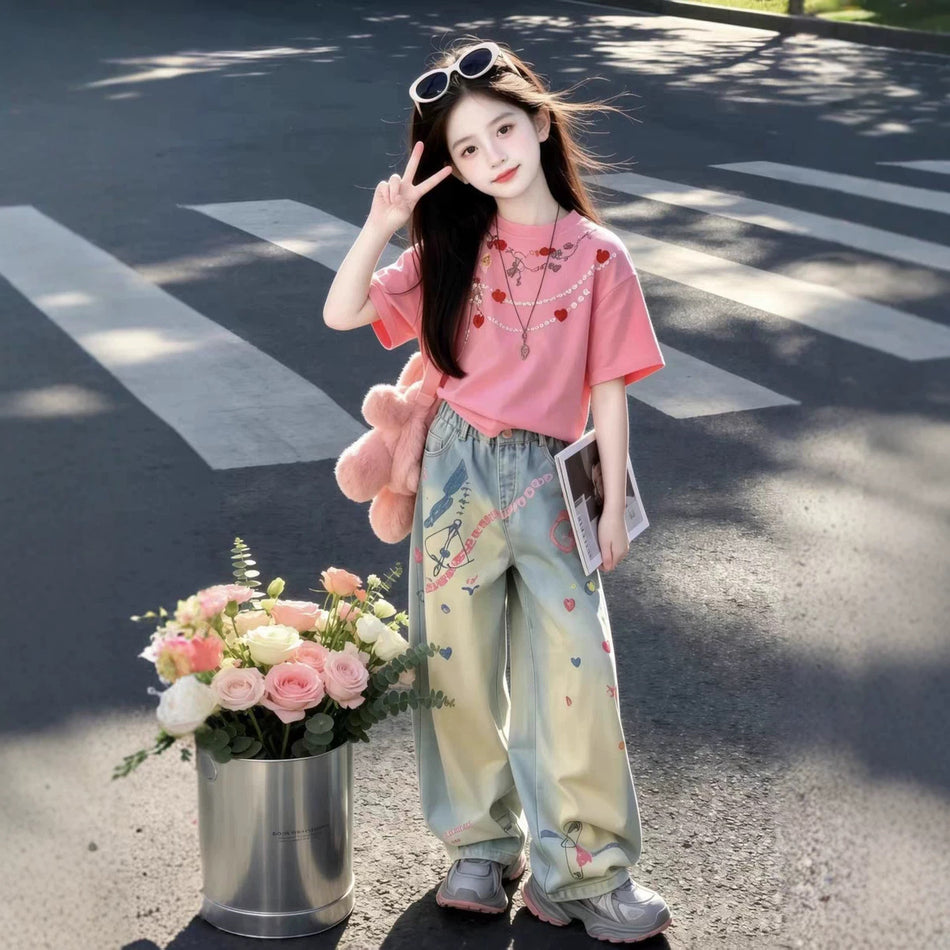 Girls Denim Shorts and T-Shirt Set Casual Summer Outfit