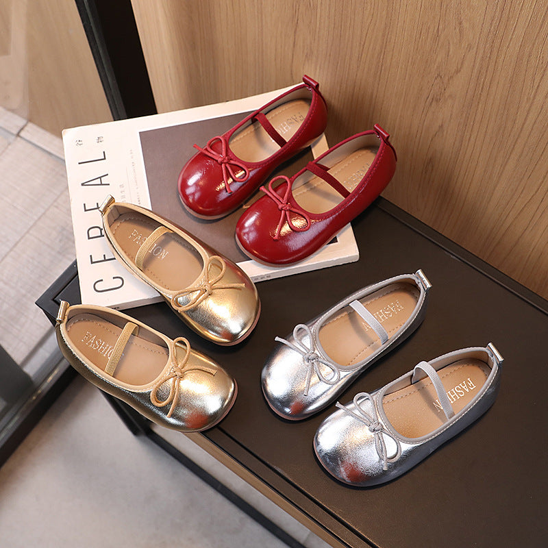 Girls Korean Style Bow Leather Dress Shoes Soft Sole