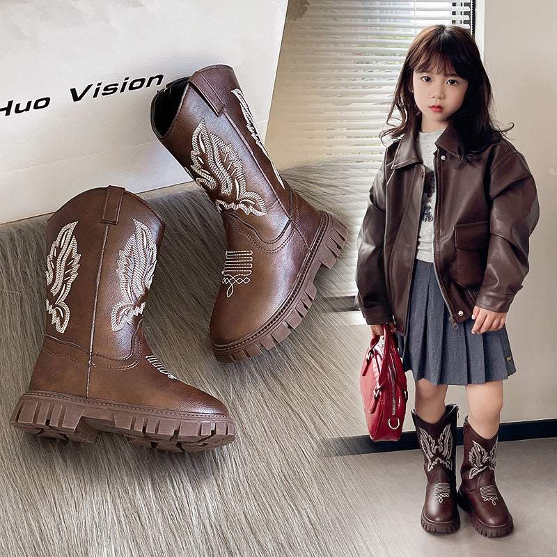 Girls Western Cowboy Embroidered Mid Calf Martin Boots