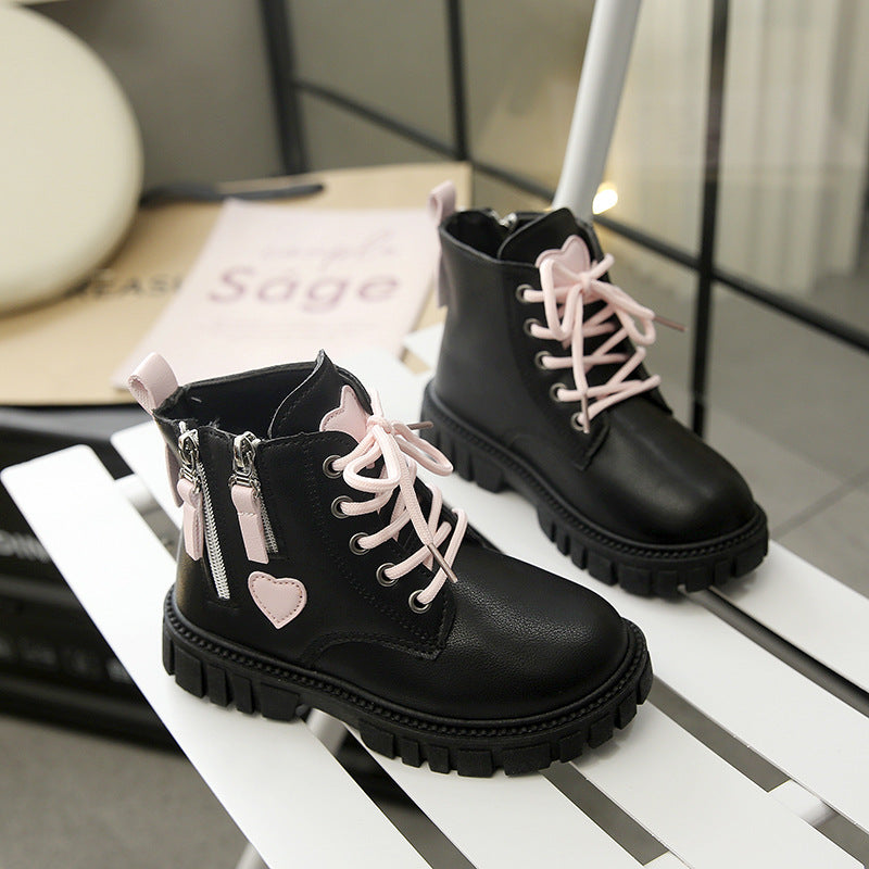Girls Side Zipper Leather Boots Heart Princess Style Short Boots