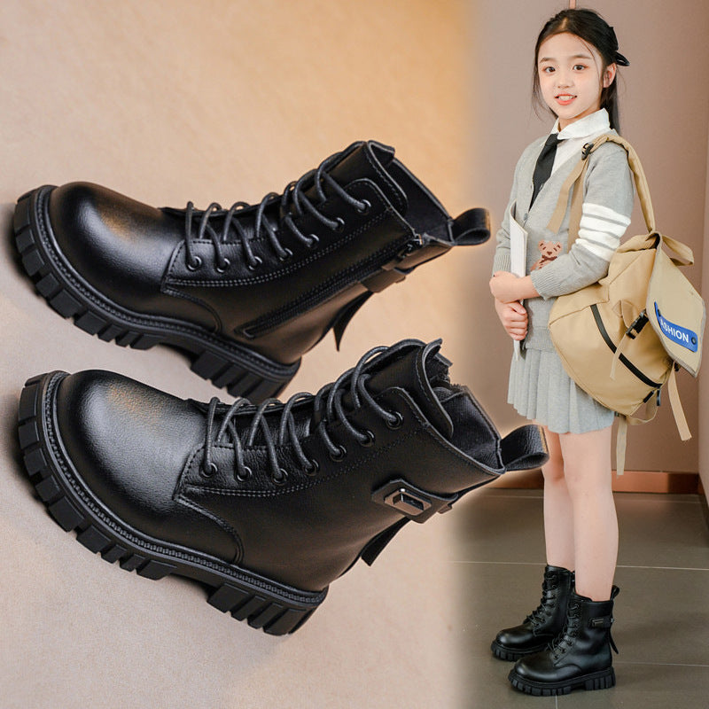 Girls British Style Fleece Lined Short Leather Boots Kids Winter
