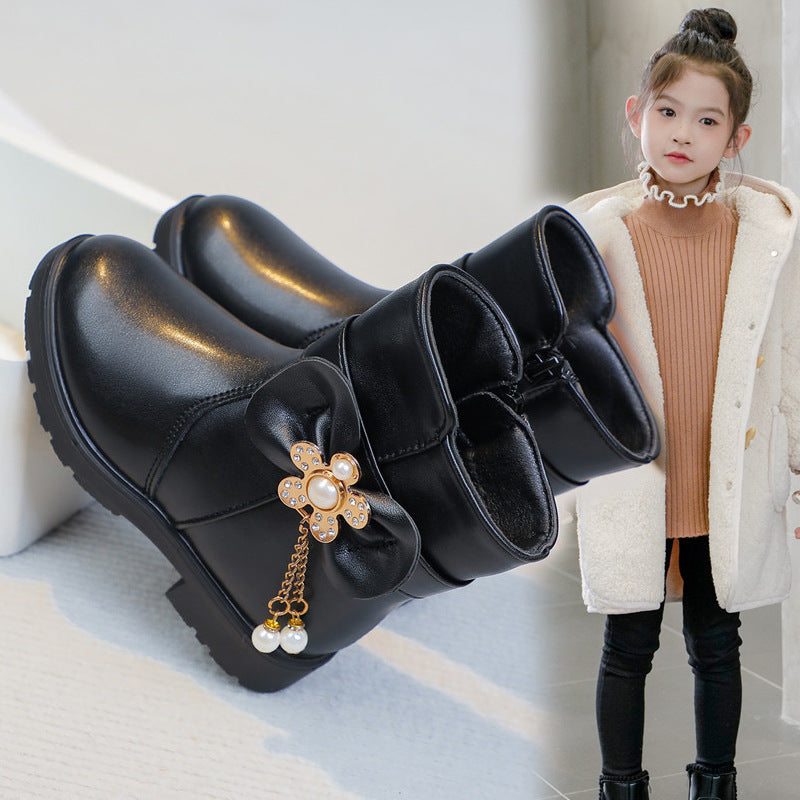 Girls Princess Leather Short Boots Fleece Lined Autumn Winter