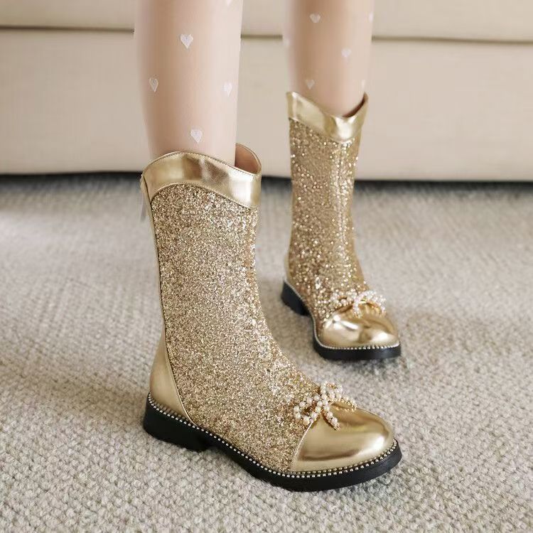 Girls Bow Detail Sequined Short Boots Low Heel Performance Style