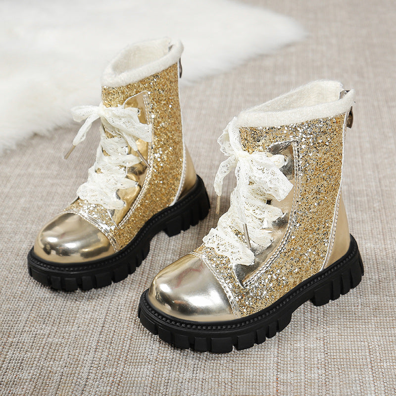 Girls Sequined Leather Short Boots Soft Sole Princess Style Shoes