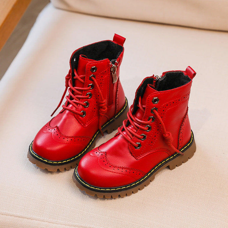 Girls Korean Style Lace Up Zipper Boots Fleece Lined Winter Shoes