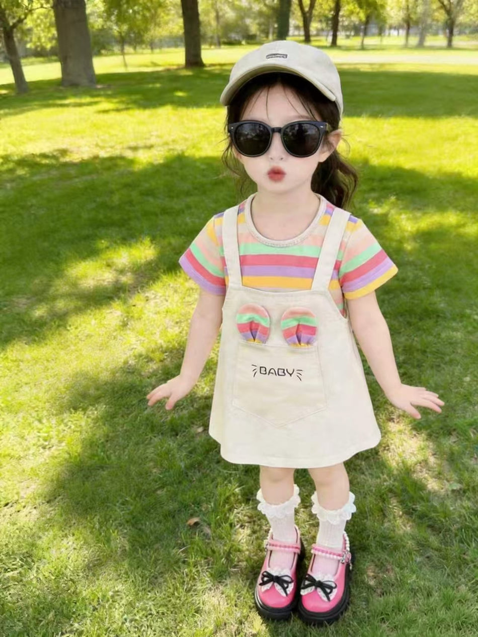 Girls Colorful Striped Short Sleeve Summer Dress Lightweight Casual
