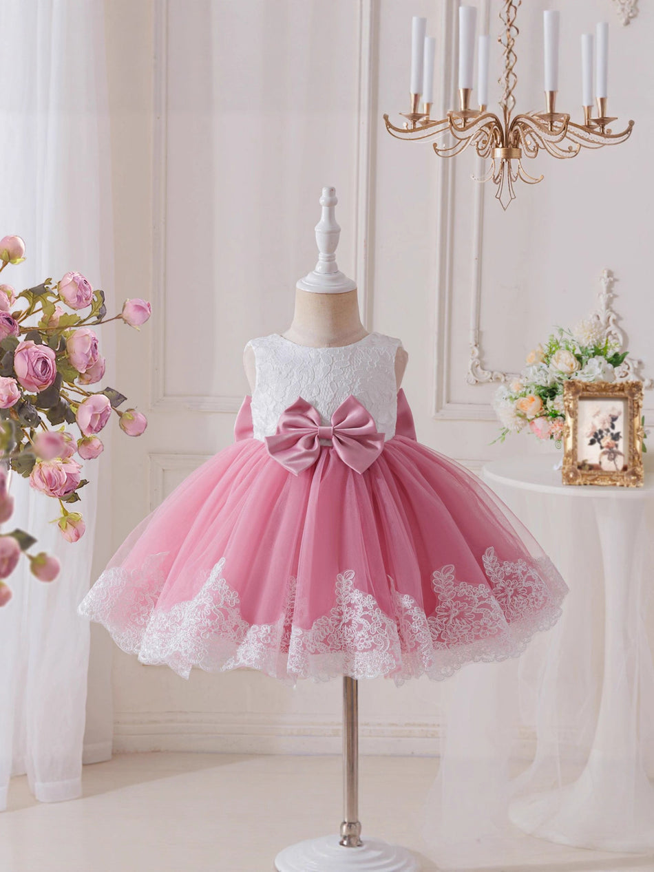 Girls Lace Long Sleeve Baptism Dress Bow Beaded Occasion Gown