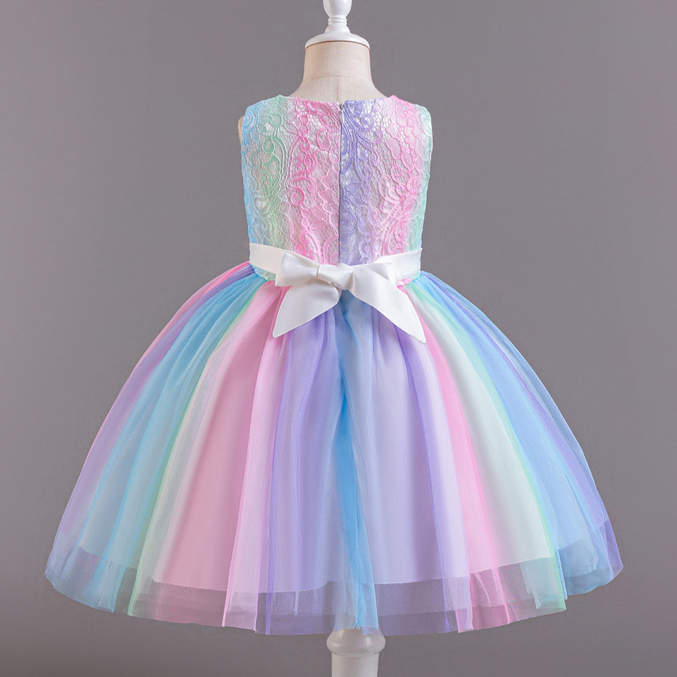 Girls Sleeveless Mesh Vest Princess Dress Colorful A Line Skirt
