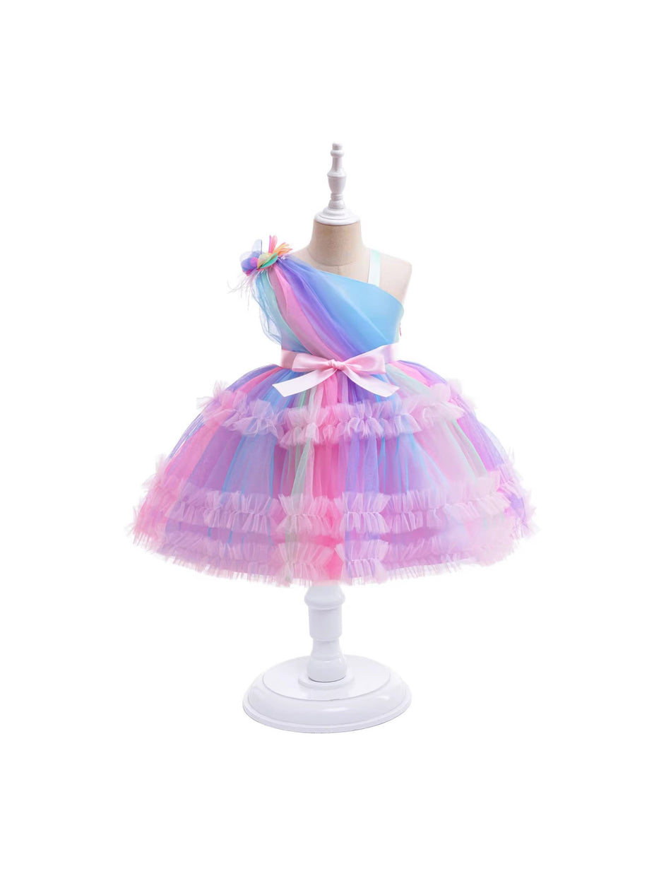 Girls Rainbow One Shoulder Tulle Princess Performance Dress
