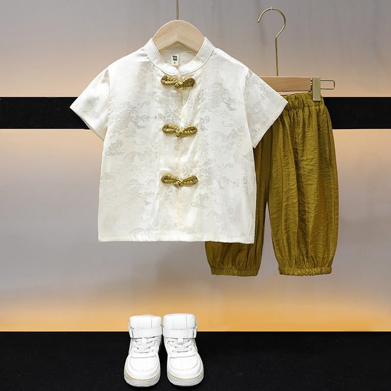 Boys Traditional Chinese Tang Suit Summer Two-Piece Outfit