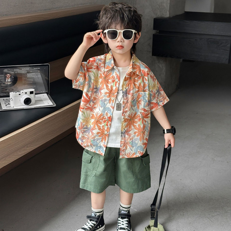 Boys Floral Shirt and Shorts Set Korean Style Summer Outfit