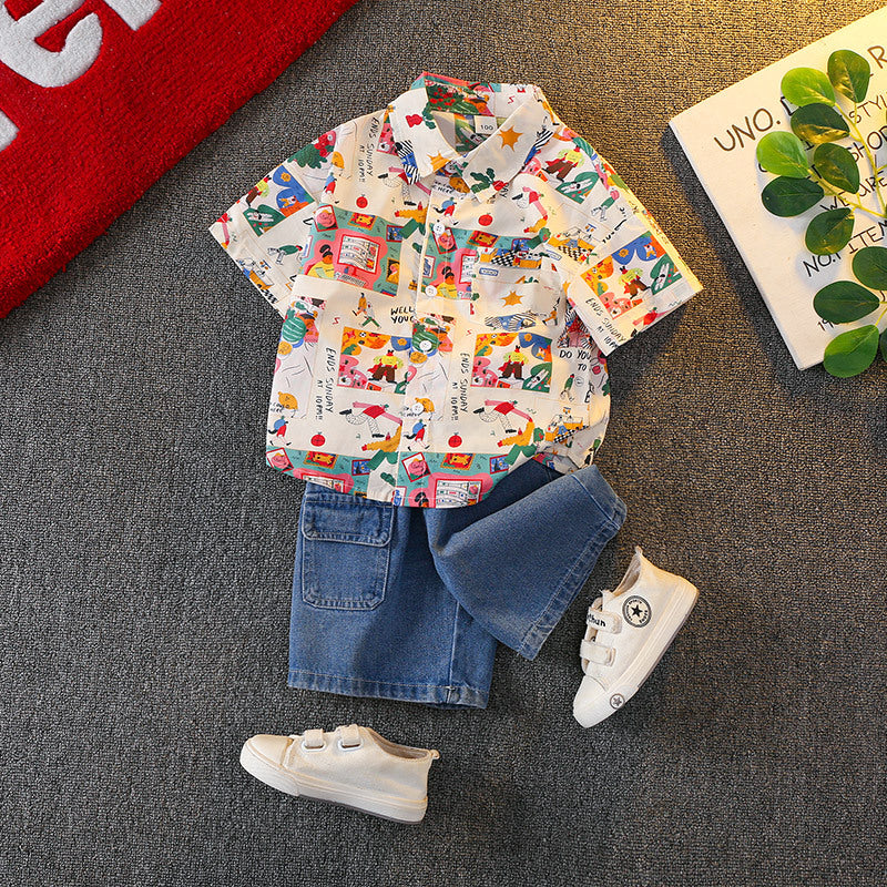 Boys Cotton Shirt and Shorts Set Korean Style Summer Outfit