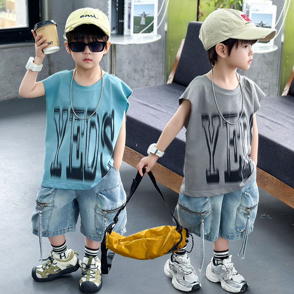 Boys Denim Cargo Shorts Set Sleeveless Summer Casual Outfit