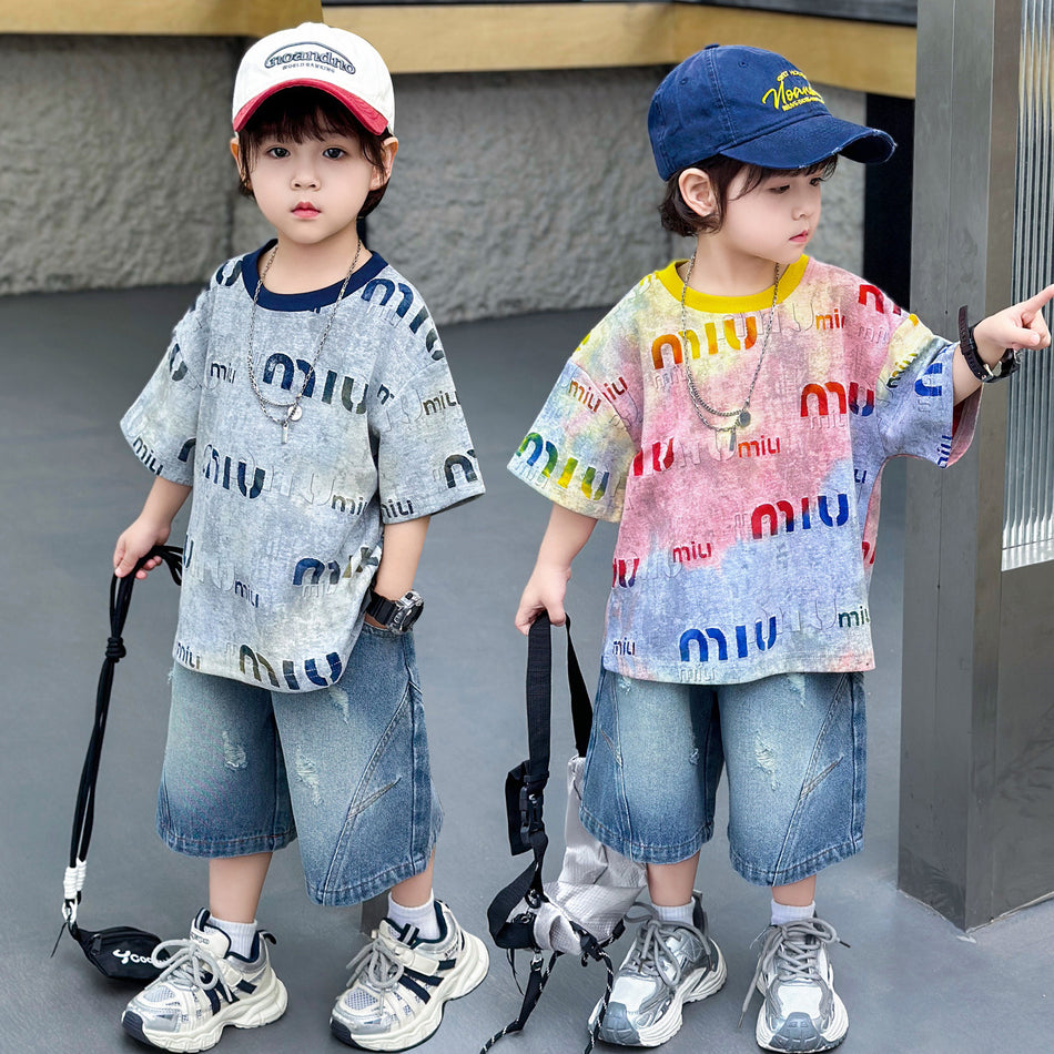 Boys Tie-Dye T-Shirt and Denim Shorts Summer Outfit Set