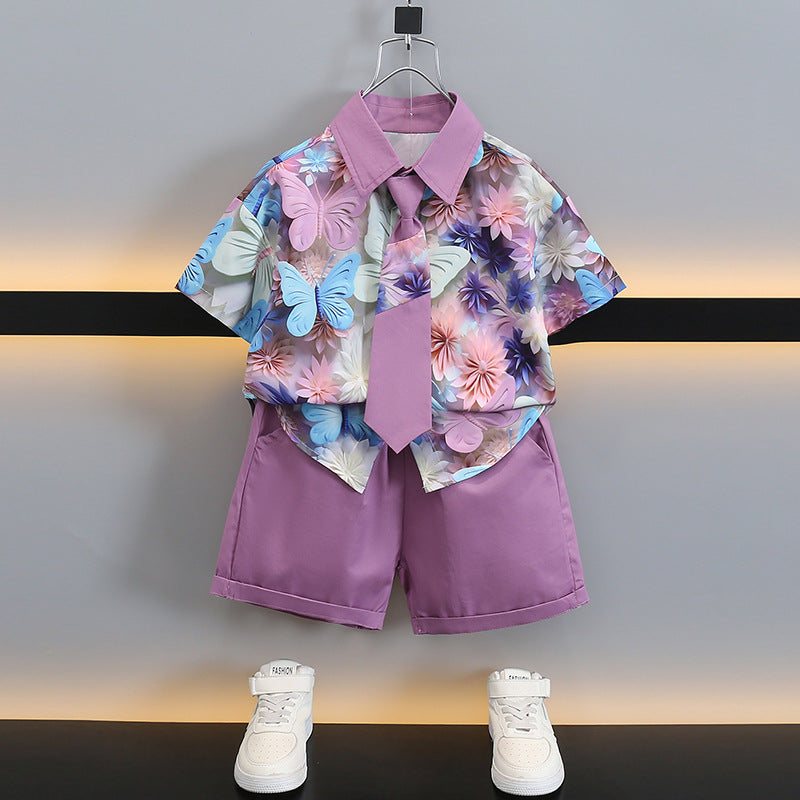 Boys Purple Butterfly Shirt and Shorts Set Summer Party Outfit
