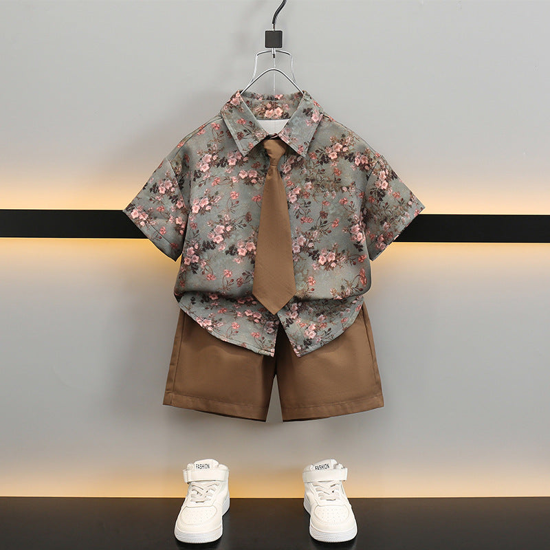 Boys Floral Shirt and Shorts Set with Tie Summer Outfit