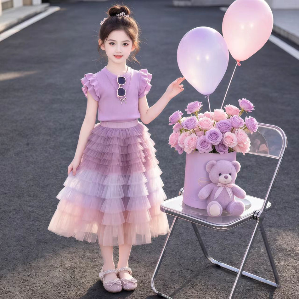 Girls Purple Gradient Cake Dress Set Elegant Summer Two-Piece Outfit