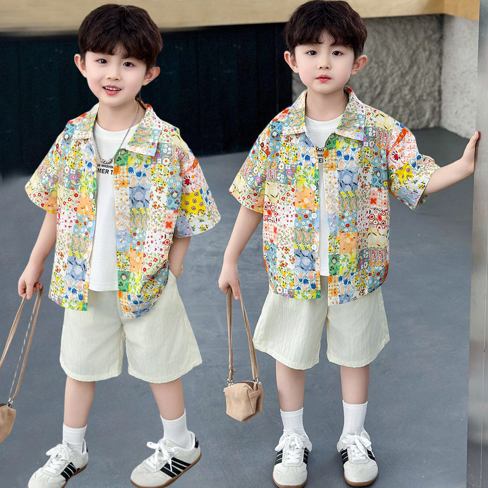 Boys Floral Shirt and Shorts Set Korean Style Summer Outfit