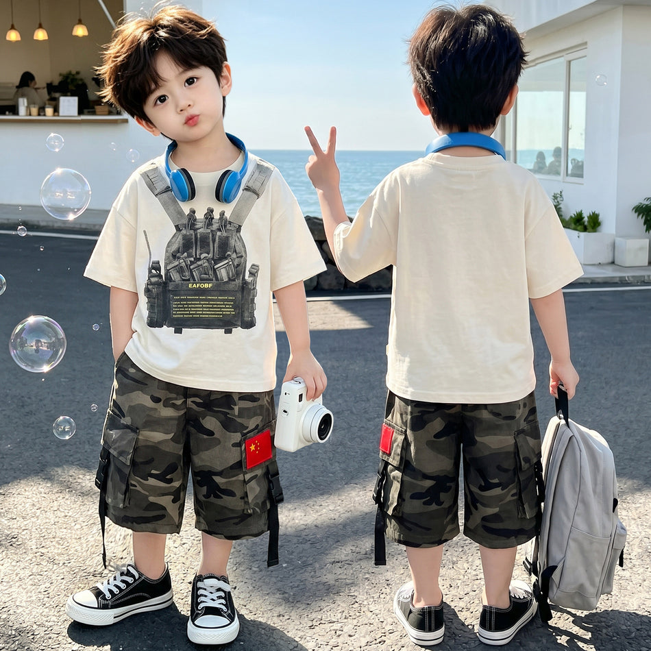 Boys Camouflage Shorts Set Summer 2026 Cool Casual Outfit