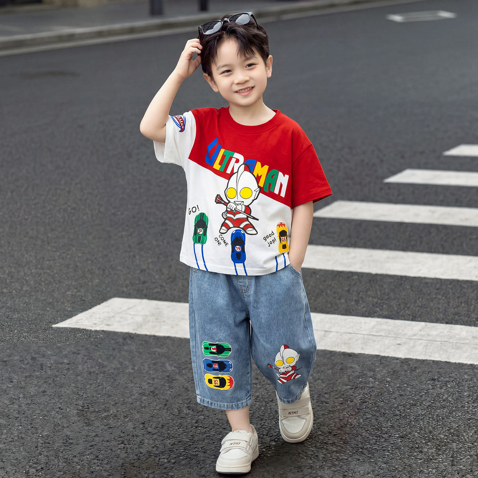 Boys Denim Shorts Set Summer 2026 Cool Cartoon Casual Outfit