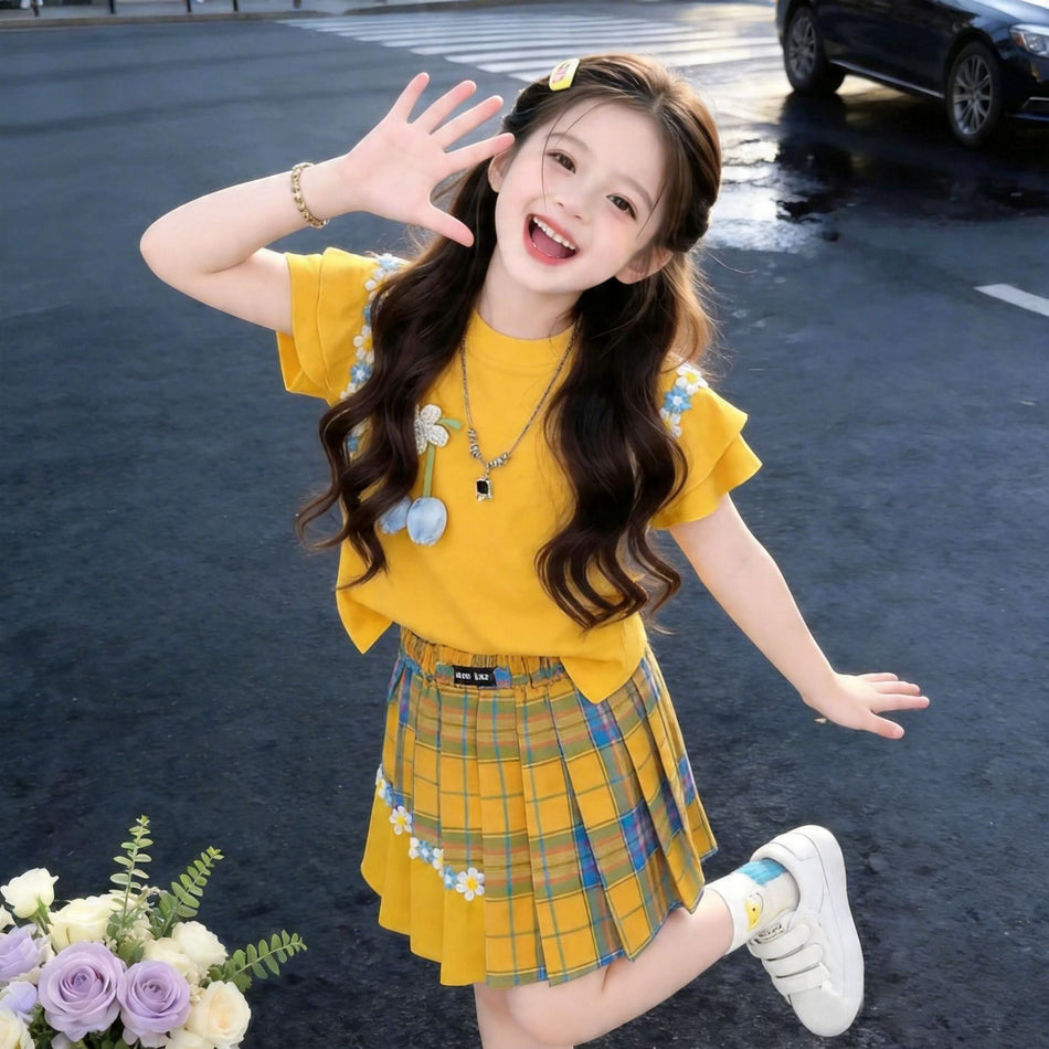 Girls Lace Plaid Shorts Set Summer 2026 Korean Style Outfit