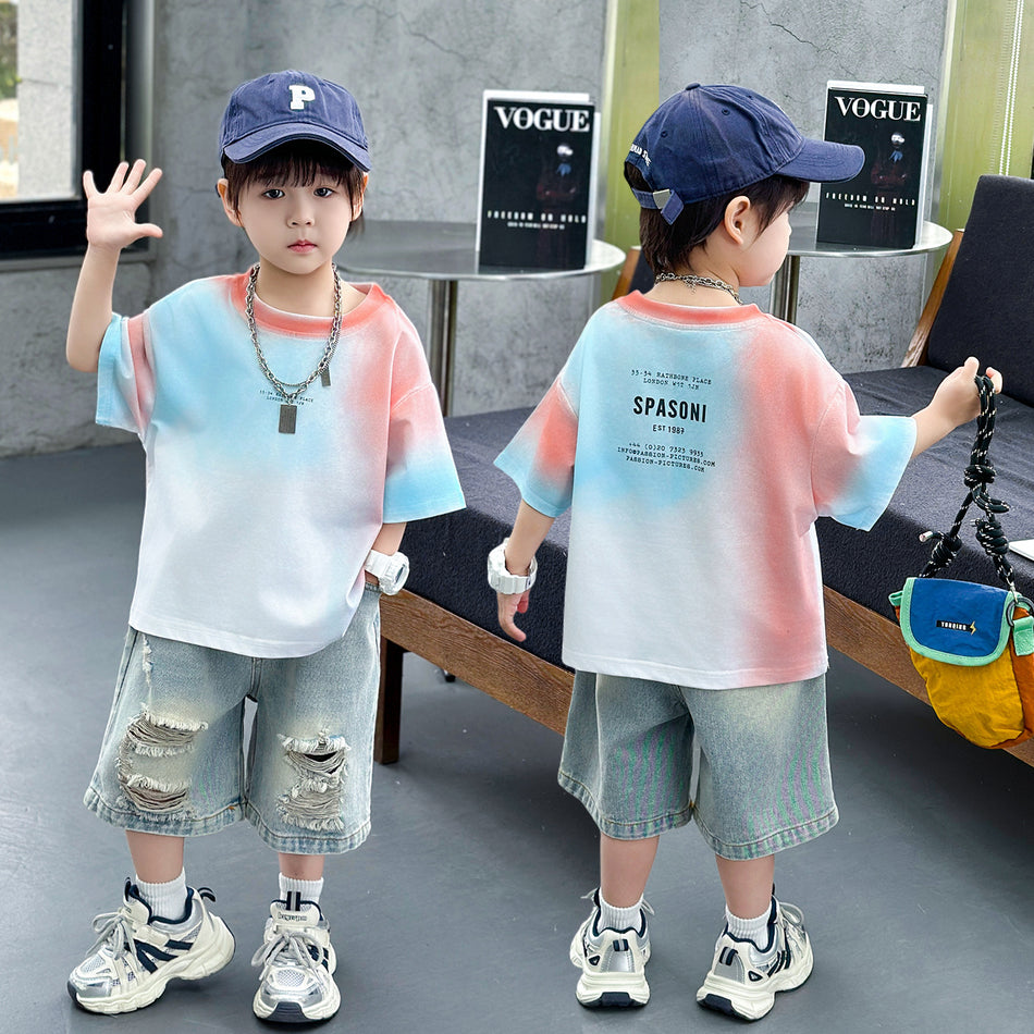 Boys Korean Style Loose T-Shirt and Ripped Denim Set 2026