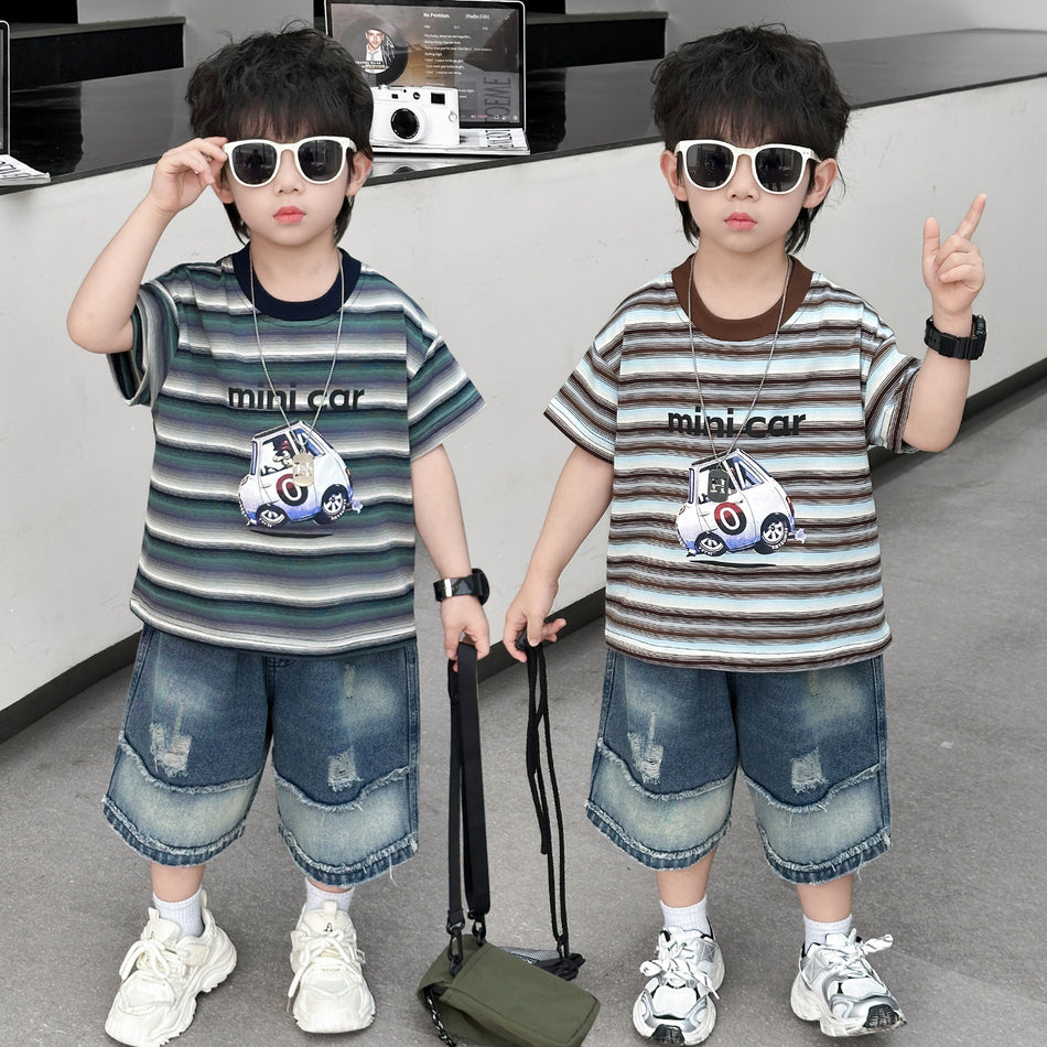 Boys Striped T-Shirt and Denim Shorts Set Summer 2026 Outfit