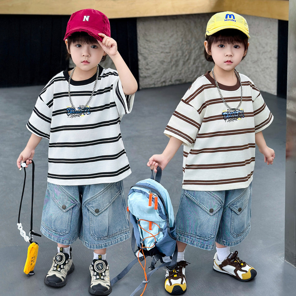 Boys Striped T-Shirt and Denim Shorts Set Summer 2026 Outfit