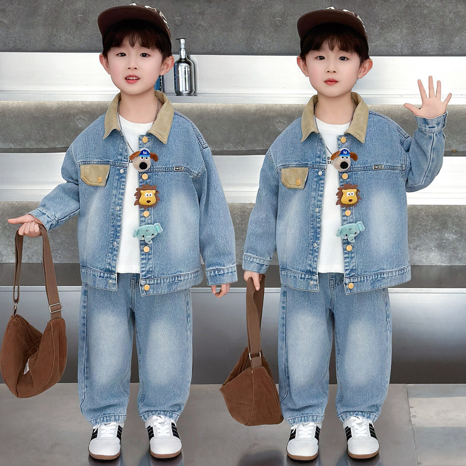 Boys Cartoon Color Block Denim Set Spring Autumn 2026 Outfit