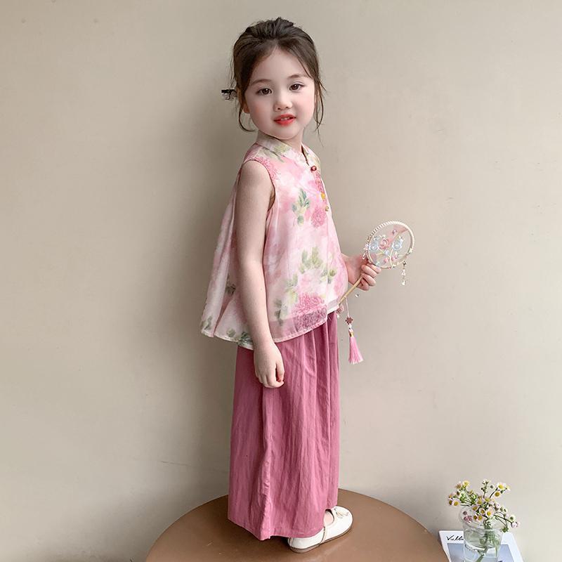 Girls Sweet Doll Shirt and Wide-Leg Pants Set Summer Outfit