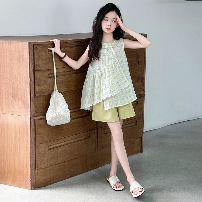 Girls Color Block Summer Shorts Set Sleeveless Tank Outfit Set
